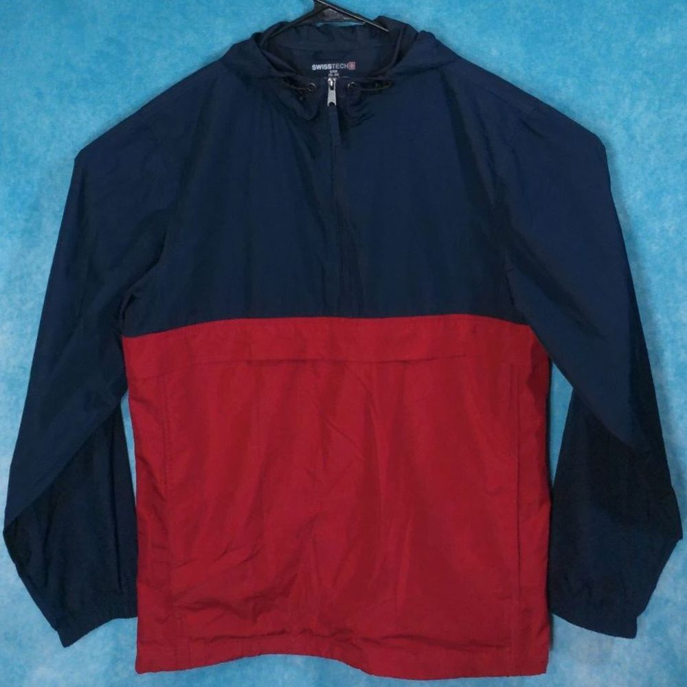 Swiss Tech Windbreaker with hood, Blue/Red, Front Zipper Pocket, Size Sm 34-36